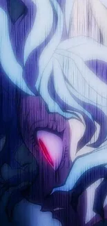 Mysterious anime character with white hair and red eye in dark setting.