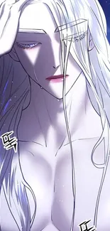 Anime character with long white hair in a mystical setting.