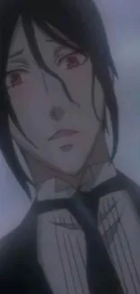 Anime character with dark hair and red eyes, mysterious expression.