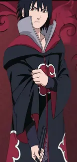 Anime character with dark attire and crimson background.