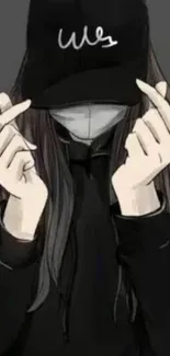 Mysterious anime character in black attire with a cap.