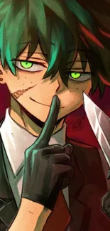 Mysterious anime character with green hair and knife on a red background.