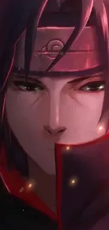 Mysterious anime character with intense gaze and dark red hues.