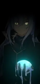 Anime character with glowing eyes and a blue orb in darkness.