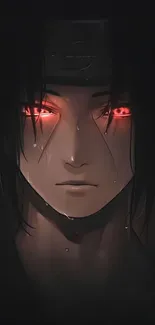 Anime character with glowing red eyes in a dark, moody setting.