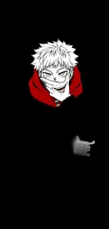 Anime character with red hoodie on black background.