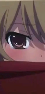 Close-up of anime character's eye with blond hair and maroon background.