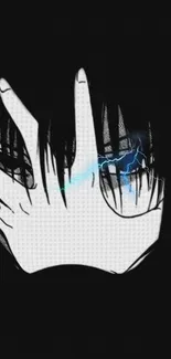 Mysterious anime face with electric blue highlights on a black background.