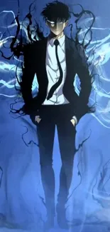 Anime figure in dark suit with blue aura and shadowy effects.