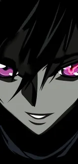 Anime character with intense pink eyes and dark theme.