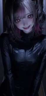 Mysterious anime girl with red eyes and dark attire in dim lighting.