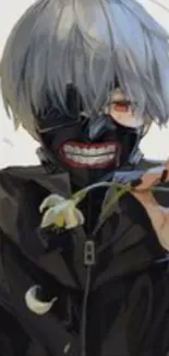 Anime character with mask and dark attire, holding a flower.