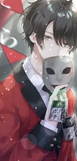 Anime character in red holds a mysterious mask.