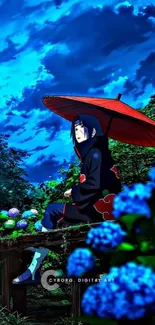 Anime character with red umbrella under a blue night sky.