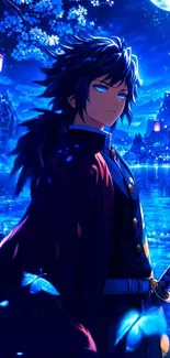 Anime character by moonlit water with blue night sky.