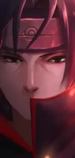 Anime ninja character with red hues and mysterious expression.