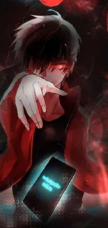 Anime character with glowing phone, red theme.