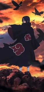 Anime character with crows in fiery sky wallpaper.
