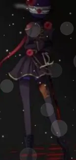 Mysterious anime warrior in a dark setting with red highlights.