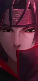 Mysterious anime warrior with dark red hues.