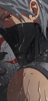 Anime warrior in the rain, mysterious masked character.