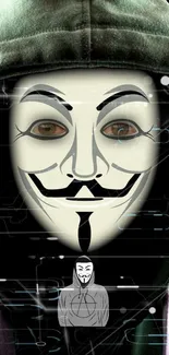 Anonymous mask in green hood against digital backdrop.