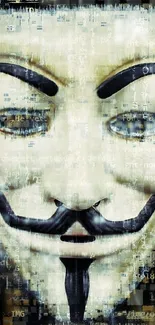 Digital art of Anonymous mask with glitch effects and dark tones.