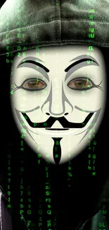 Anonymous mask with digital code background.