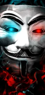 Anonymous mask with red and blue accents on a dark background.