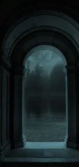 Archway leading to misty forest in the dark, moody wallpaper.