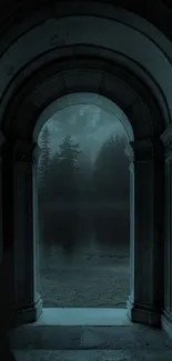 Ancient archway leading to a dark, misty forest at night.