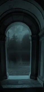 Mysterious archway opening to a dark, mystical nightscape.