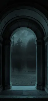 Mysterious archway leading to misty forest in dark cyan tones.