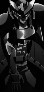 Mysterious dark-armored anime warrior on black background.