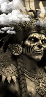 Intricate Aztec warrior art with clouds on mobile wallpaper.