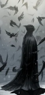 Dark silhouette surrounded by flying bats on a mysterious gray background.