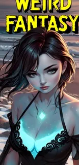 Mystical digital art of a girl on a fantasy beach with a glowing pendant.