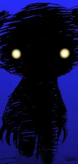 Mysterious bear silhouette on blue background with glowing eyes.