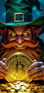 Leprechaun holding Bitcoin in fantasy scene.