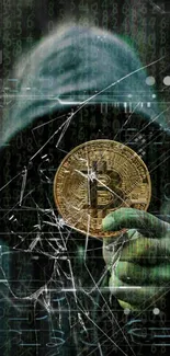 Hooded figure holding Bitcoin, mysterious digital background.