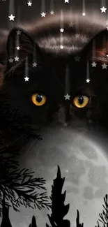 Black cat with yellow eyes in moonlit scenery wallpaper.