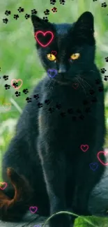 Black cat with yellow eyes in lush green setting.