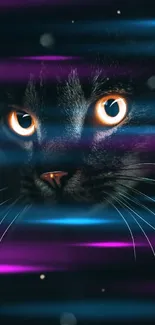 Wallpaper of a black cat with piercing glowing eyes in the dark.