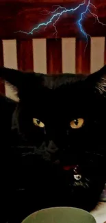 Black cat with glowing eyes and lightning on a wooden background.