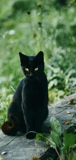 Black cat on wooden bench in lush green forest setting.