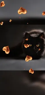 Mysterious black cat with glowing eyes and falling petals.