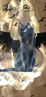 Black cat with wings in mystical scene mobile wallpaper.