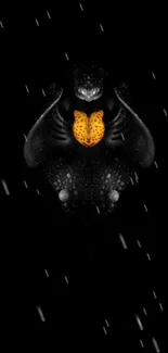 Mysterious black creature with orange accents and rain on a dark background.