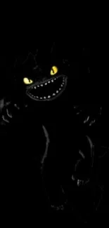 Mysterious black dragon with glowing yellow eyes on dark wallpaper.