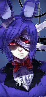 Anime character with blue hair, red eyes, and mysterious vibes on a digital wallpaper.